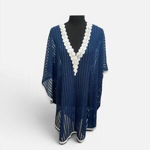Navy Blue Crochet Knit Boho Lace Trim Kaftan Beach Cover Up
